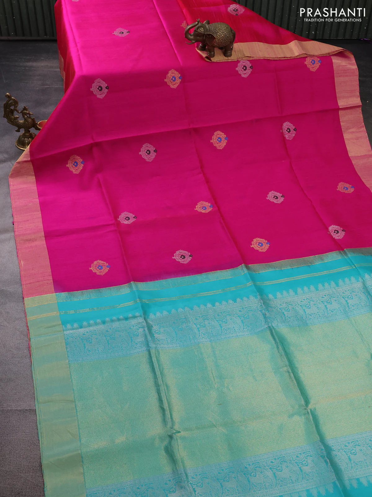 Pure raw silk saree pink and teal green with silver & gold zari woven buttas and zari woven border - Image 2