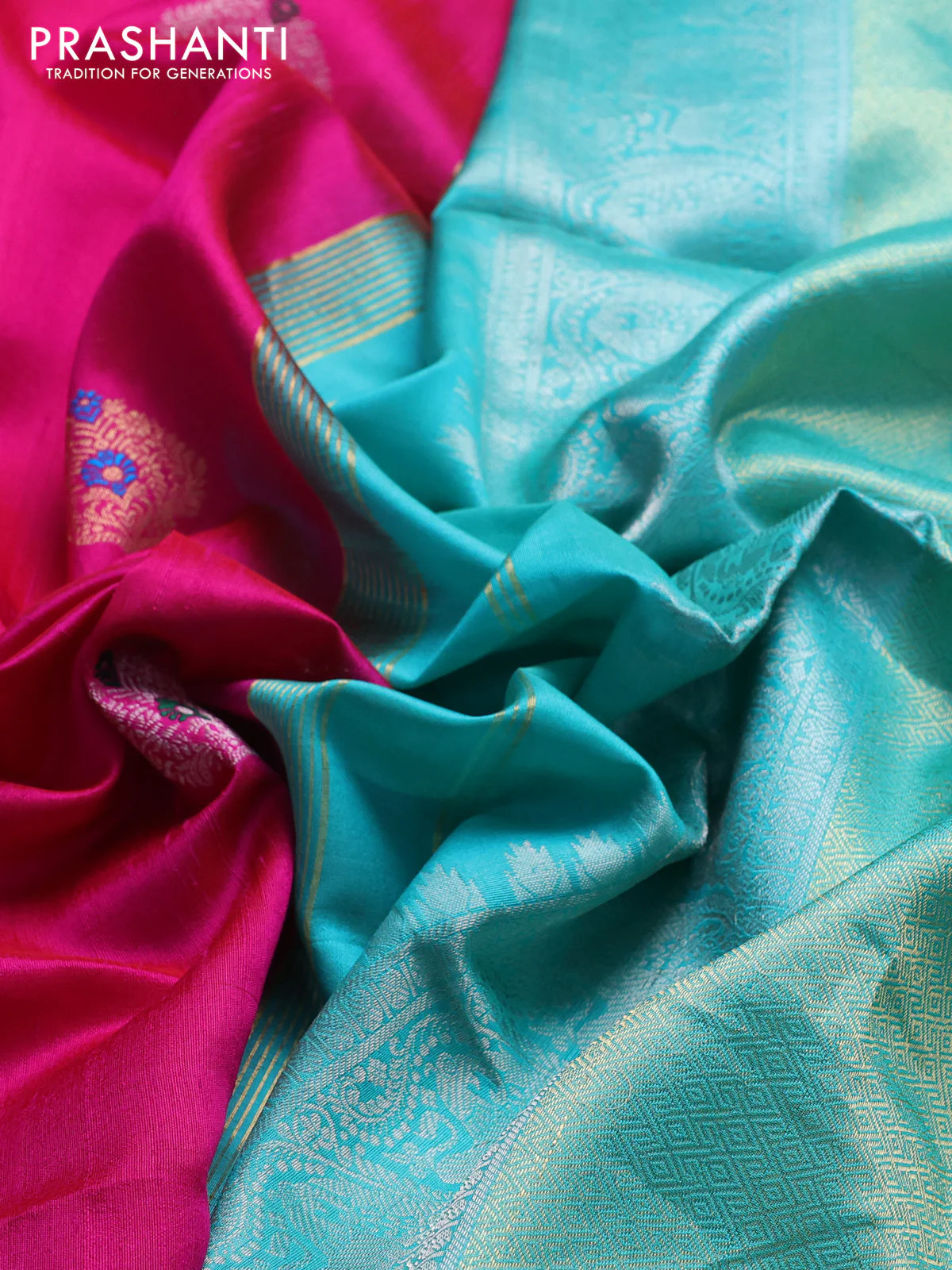 Pure raw silk saree pink and teal green with silver & gold zari woven buttas and zari woven border - Image 3