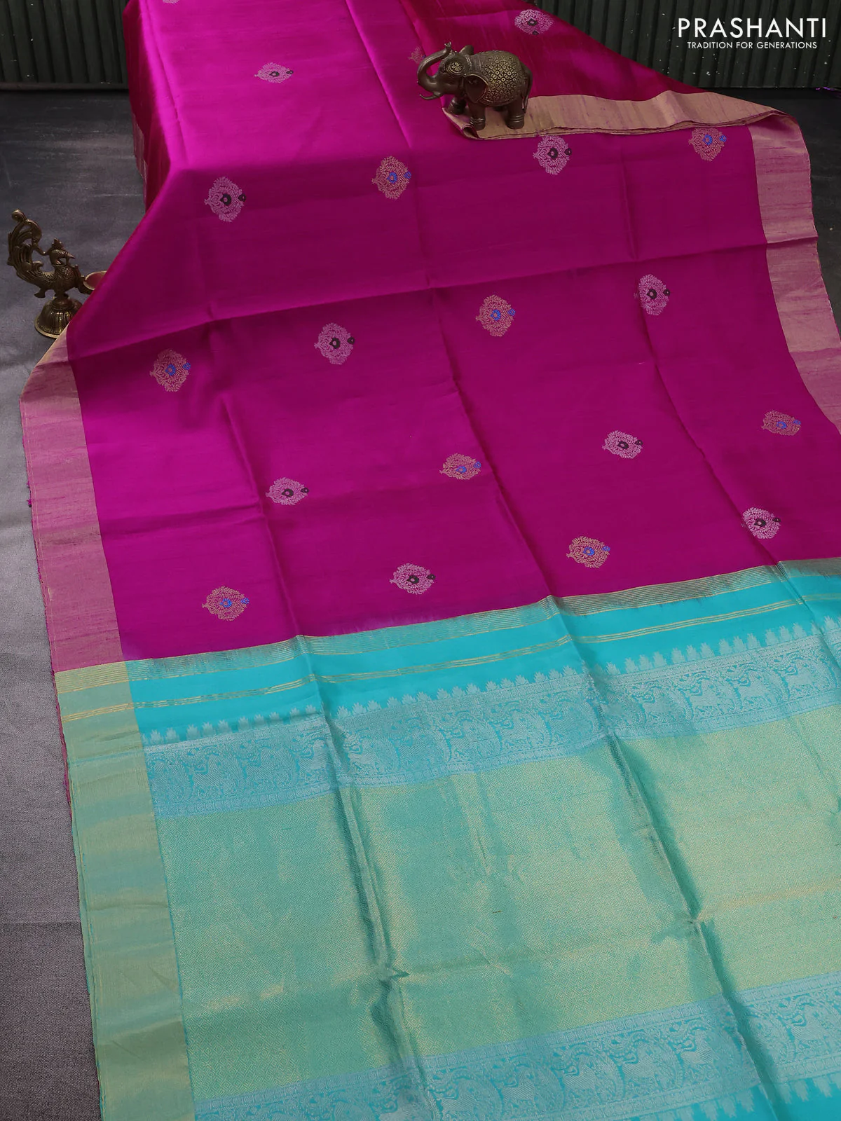 Pure raw silk saree pink and teal green with silver & gold zari woven buttas and zari woven border - Image 2