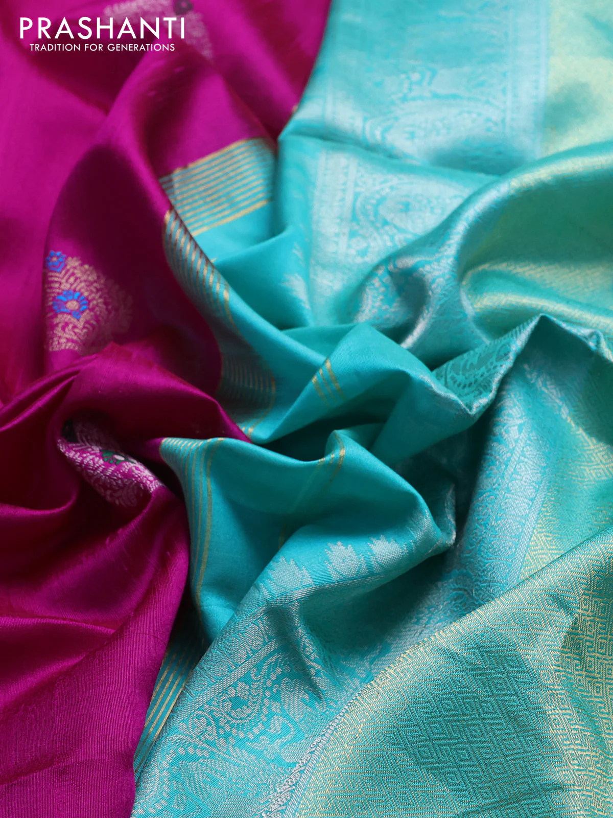 Pure raw silk saree pink and teal green with silver & gold zari woven buttas and zari woven border - Image 3