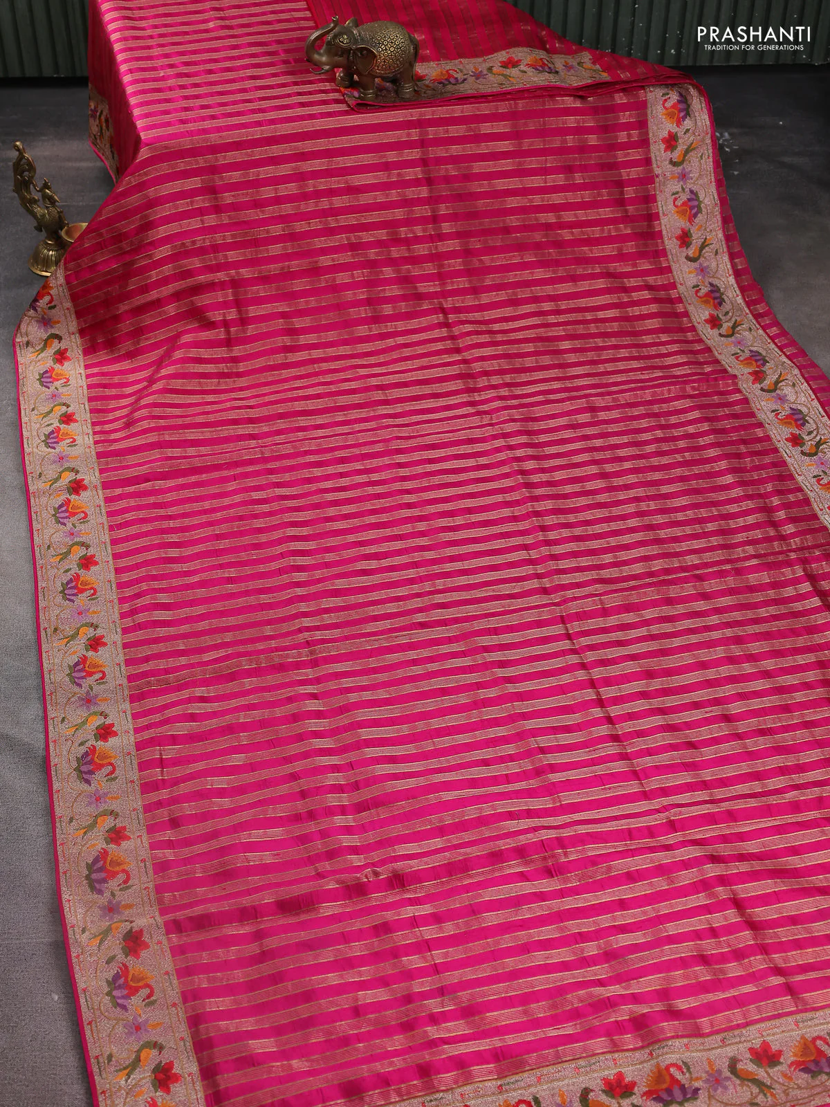 Pure raw silk saree pink with allover zari woven stripe pattern and embroidery pallu & border - Image 2