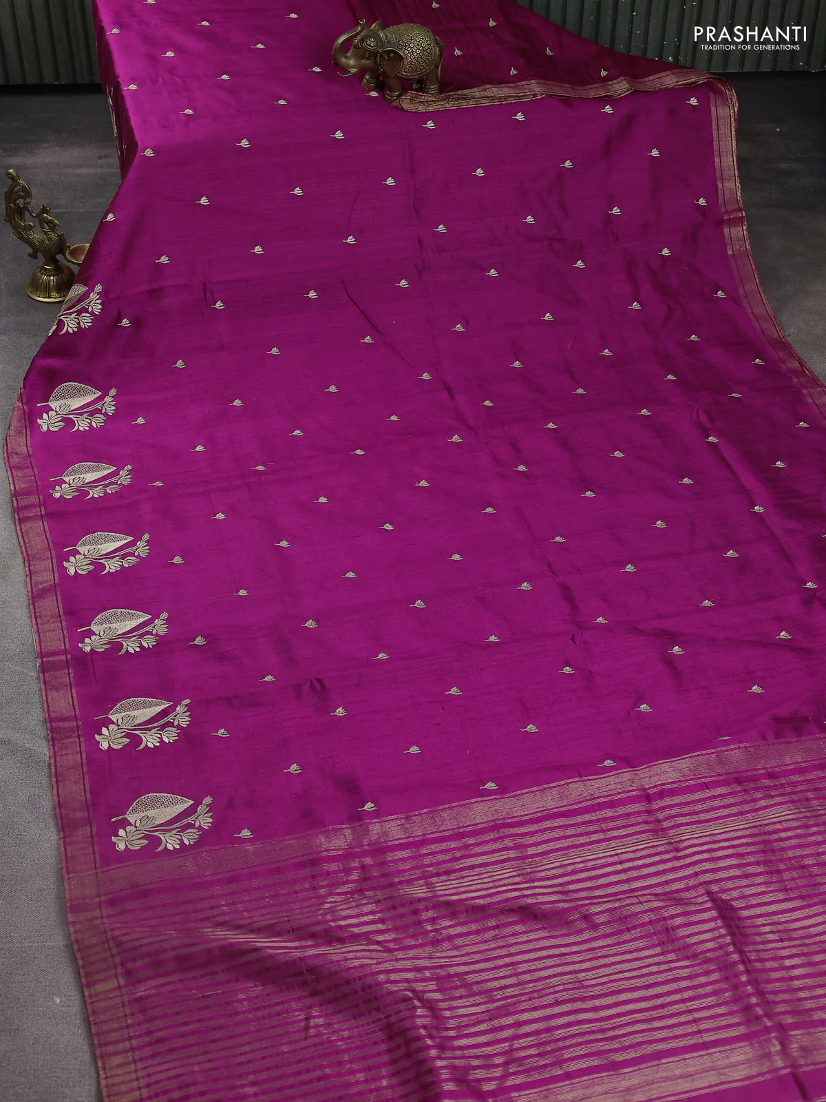 Pure raw silk saree purple with allover embroidery buttas and embroidery butta zari border - Image 2