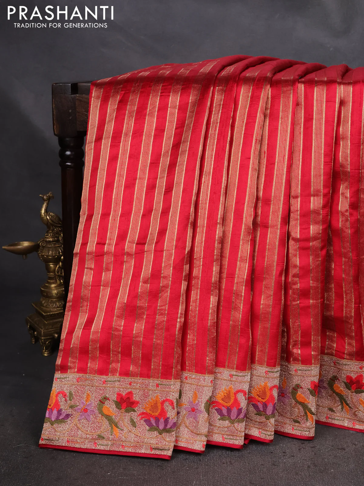 Pure raw silk saree red with allover zari woven stripe pattern and embroidery pallu & border