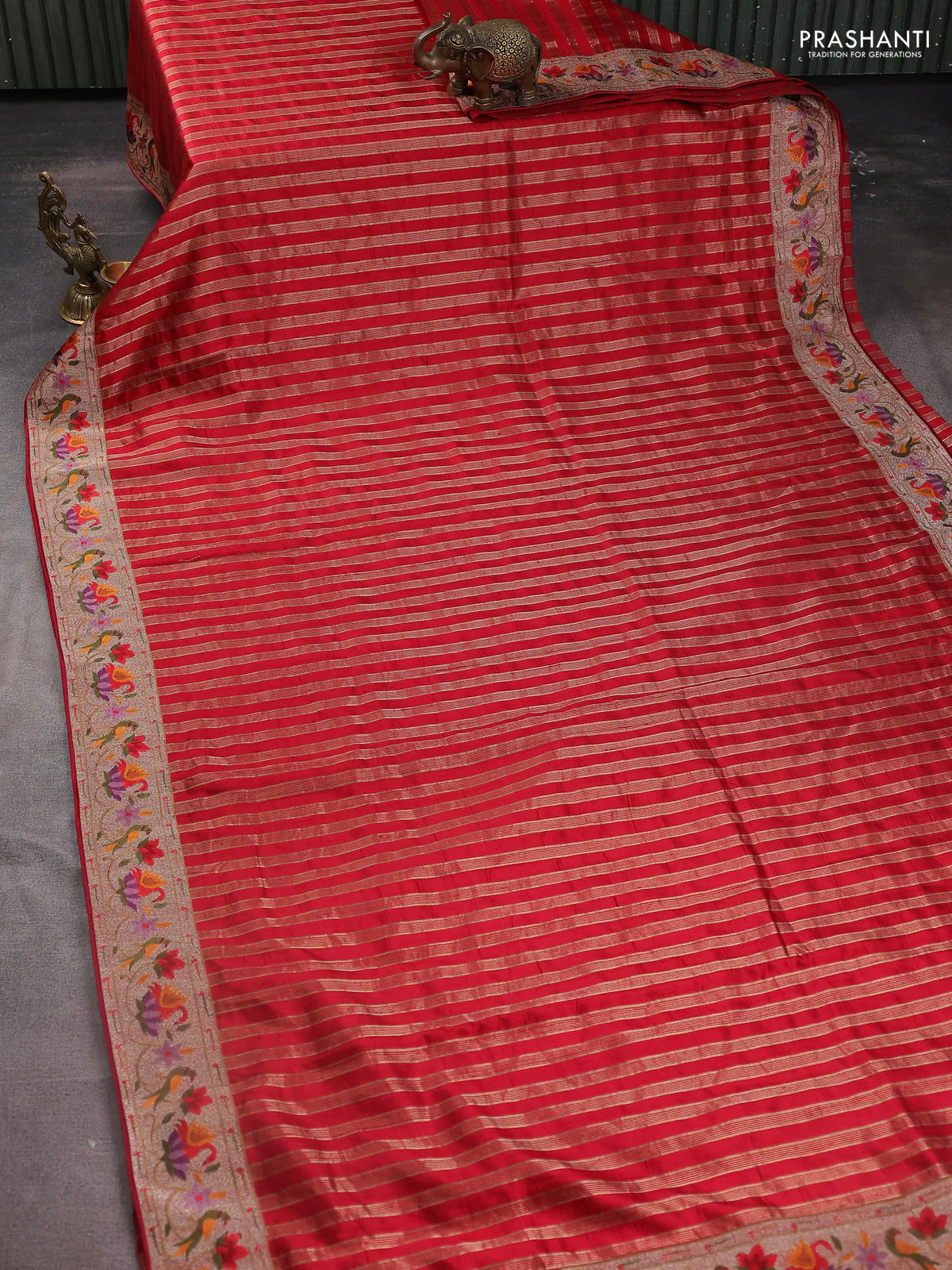 Pure raw silk saree red with allover zari woven stripe pattern and embroidery pallu & border - Image 2