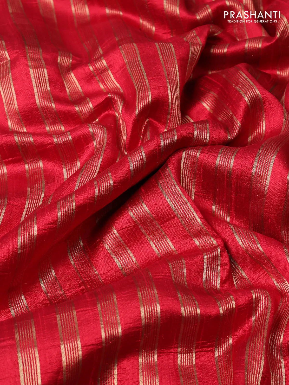 Pure raw silk saree red with allover zari woven stripe pattern and embroidery pallu & border - Image 3