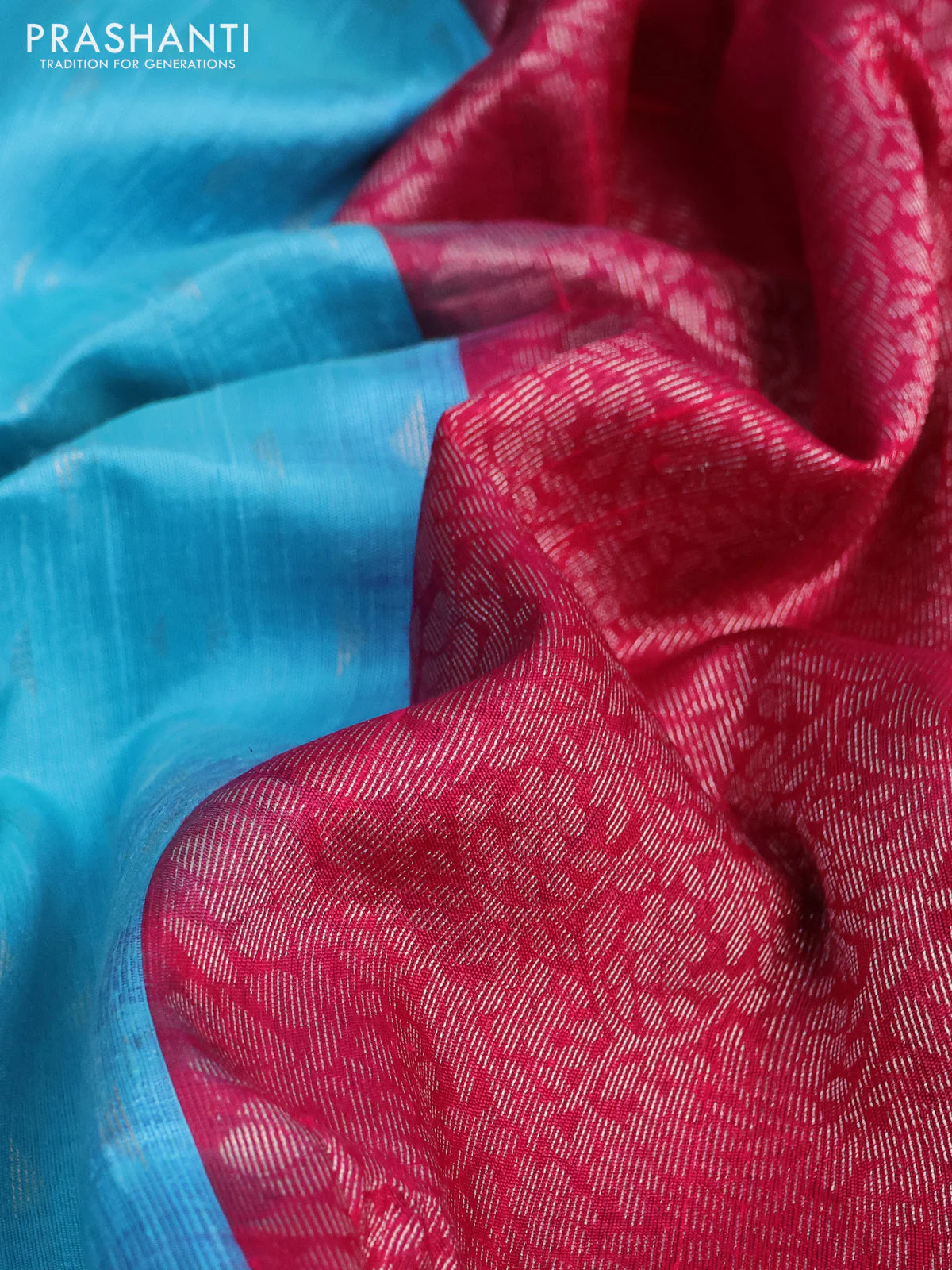 Pure raw silk saree teal blue and reddish pink with allover silver zari woven geometric buttas and zari woven border - Image 2