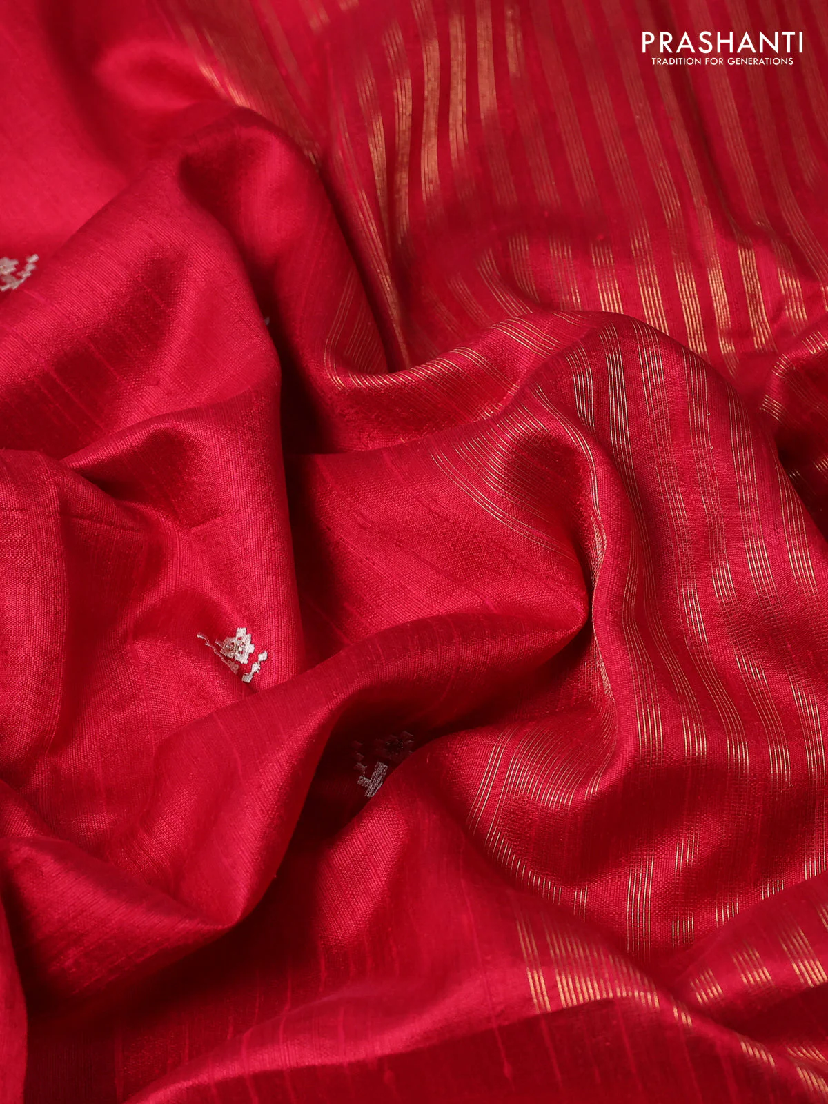 Pure raw silk saree tomato red with embroidery buttas and paisley embroidery border - Image 3