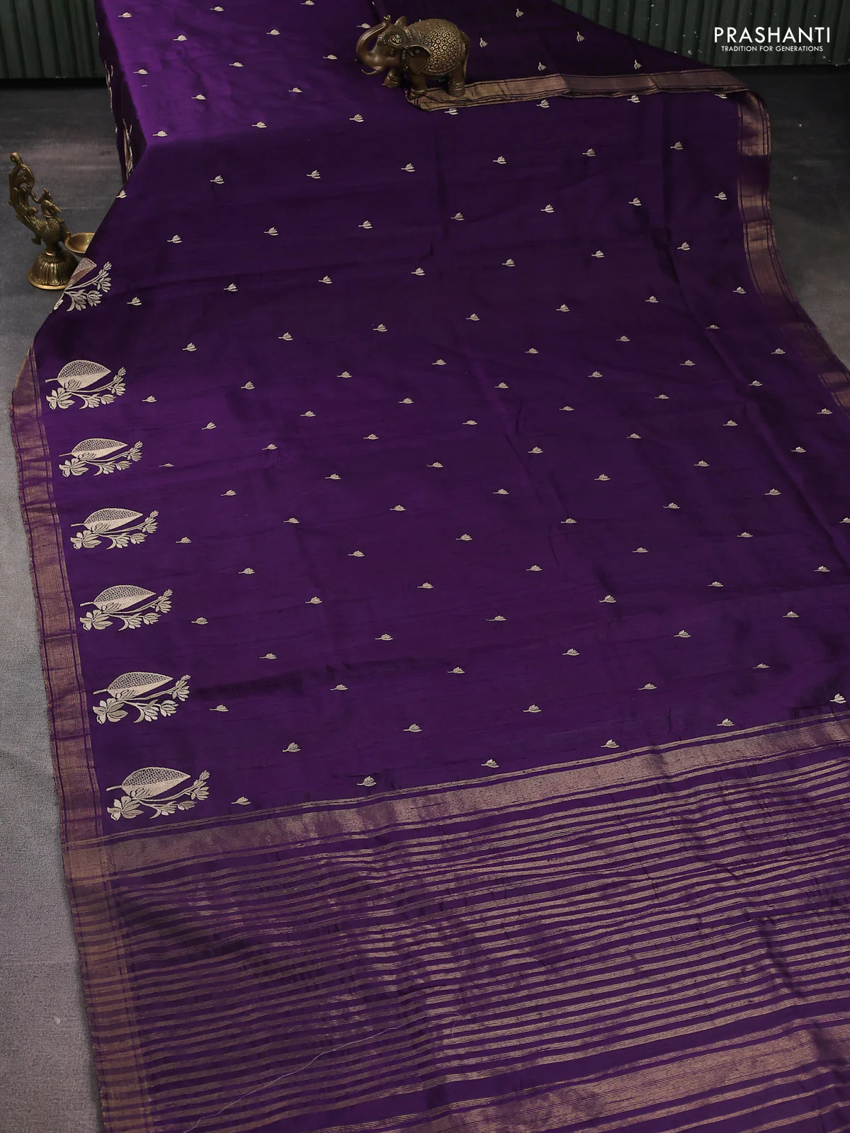 Pure raw silk saree violet and pink with allover embroidery buttas and embroidery butta zari border - Image 2