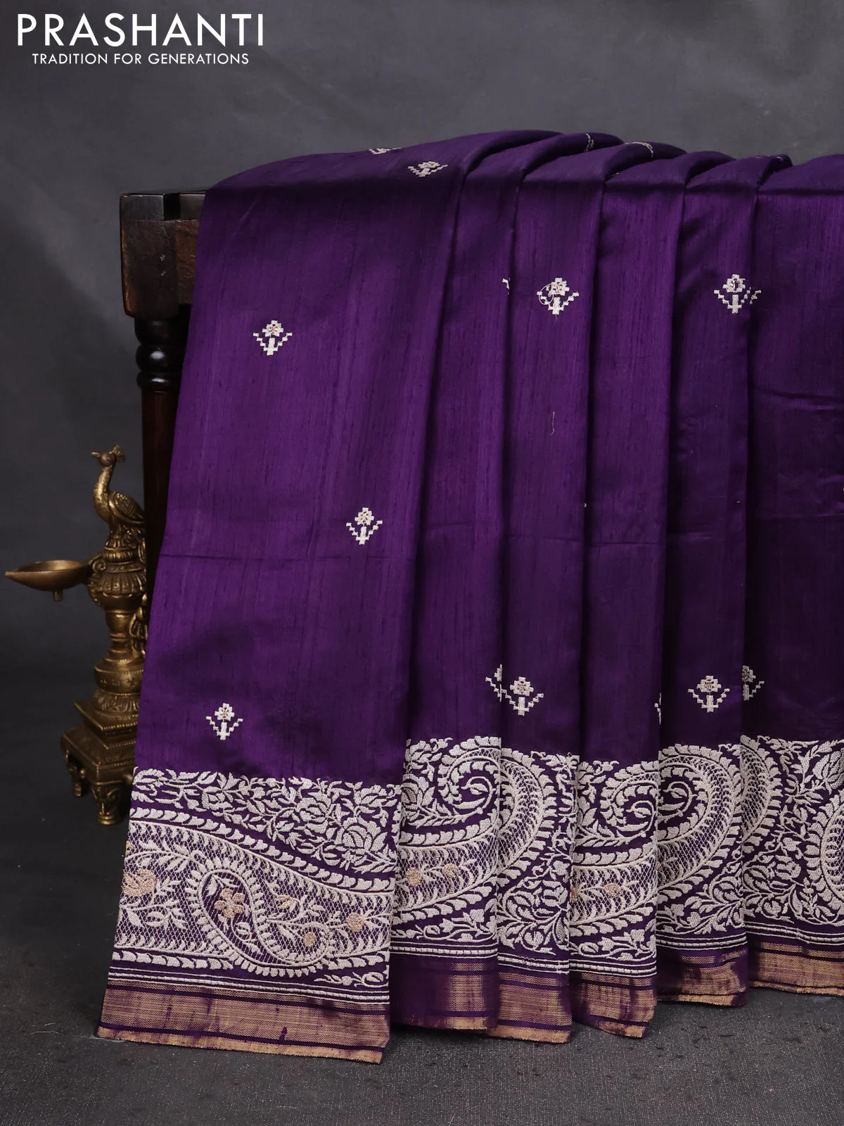 Pure raw silk saree violet with embroidery buttas and paisley embroidery border