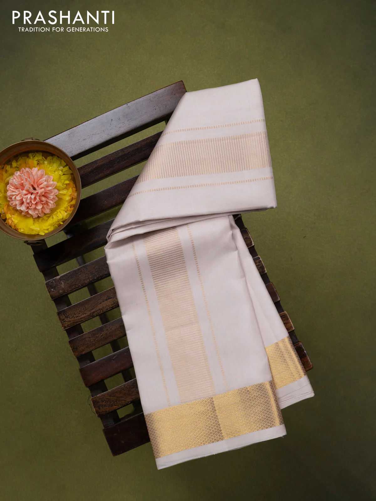 9x5 Pure silk dhoti and matching shirt bit cream with zari woven border - Image 2