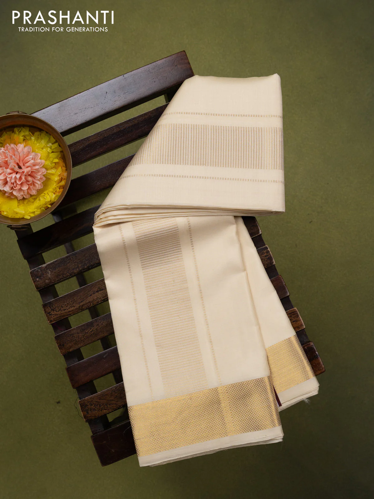 9x5 Pure silk dhoti and matching shirt bit cream with zari woven border - Image 2