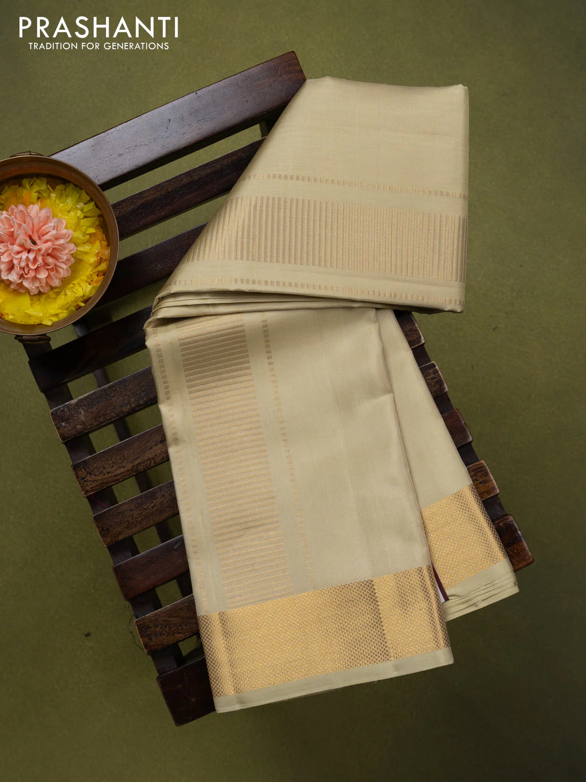 9x5 Pure silk dhoti and matching shirt bit cream with zari woven border - Image 2
