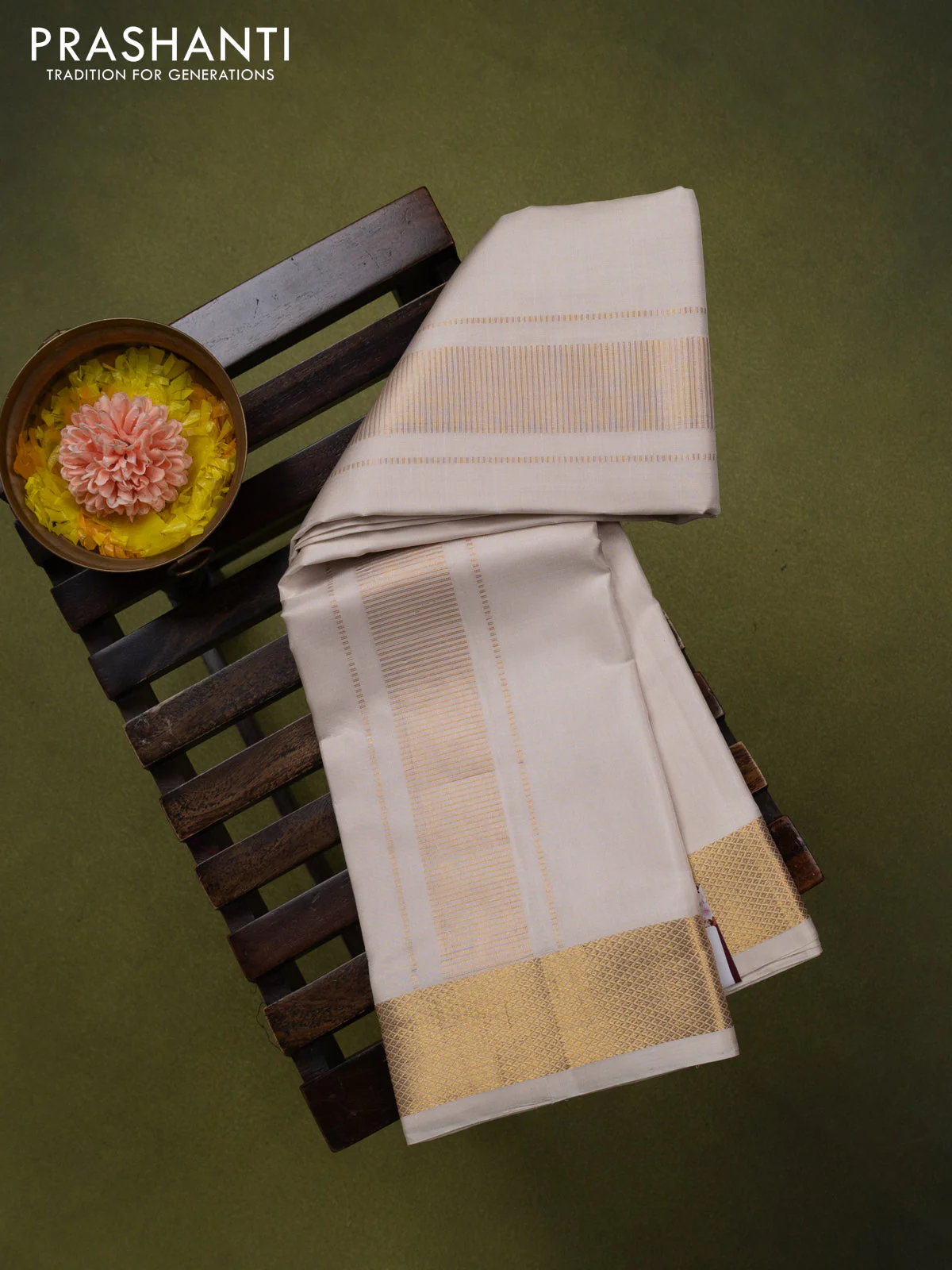 9x5 Pure silk dhoti and matching shirt bit cream with zari woven border - Image 2