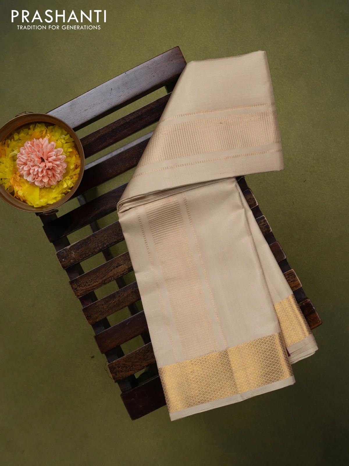 9x5 Pure silk dhoti and matching shirt bit cream with zari woven border - Image 2