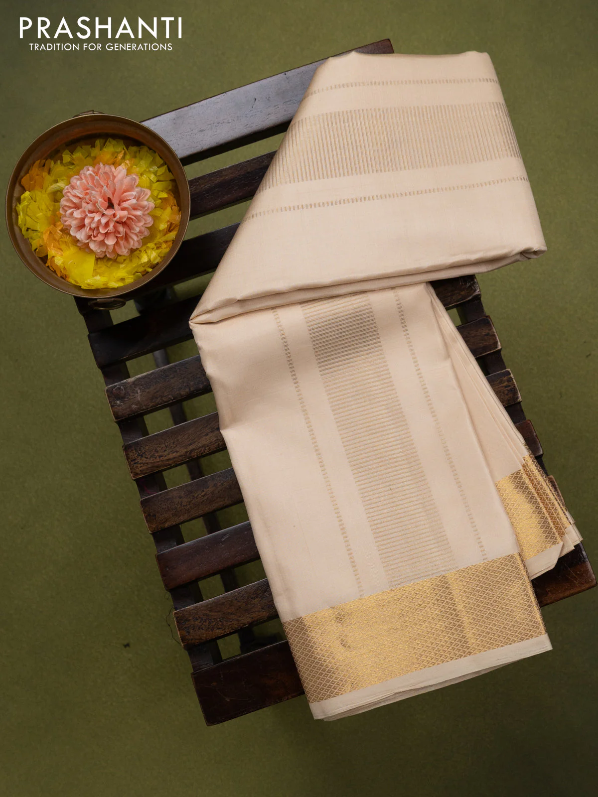 9x5 Pure silk dhoti and matching shirt bit cream with zari woven border - Image 2