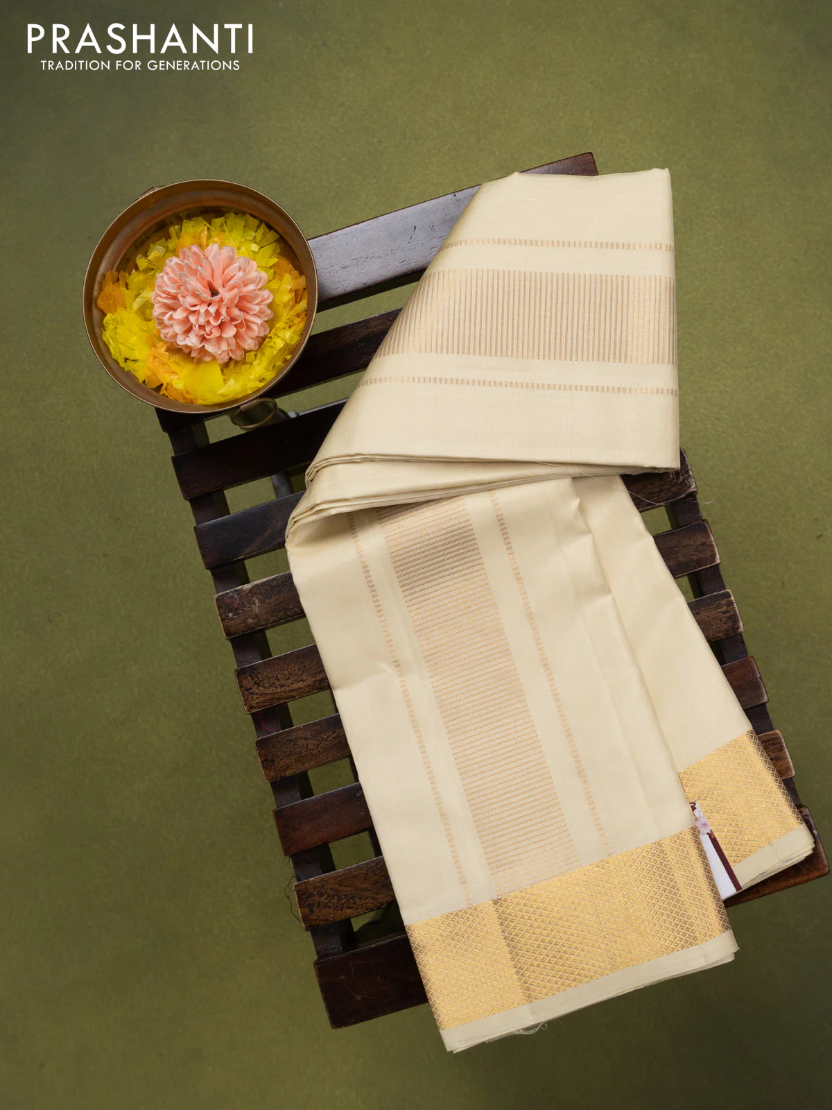 9x5 Pure silk dhoti and matching shirt bit cream with zari woven border - Image 2