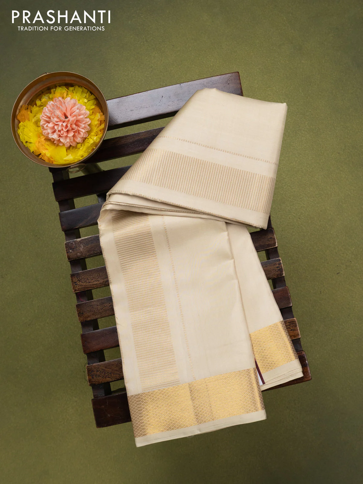 9x5 Pure silk dhoti and matching shirt bit cream with zari woven border - Image 2