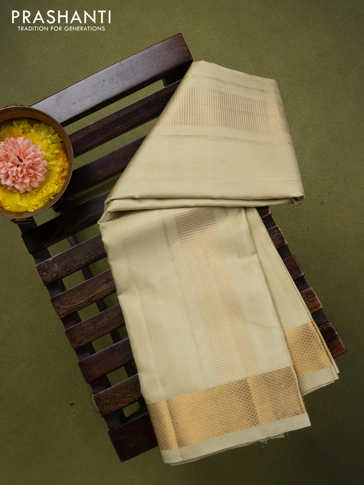 9x5 Pure silk dhoti and matching shirt bit cream with zari woven border - Image 2