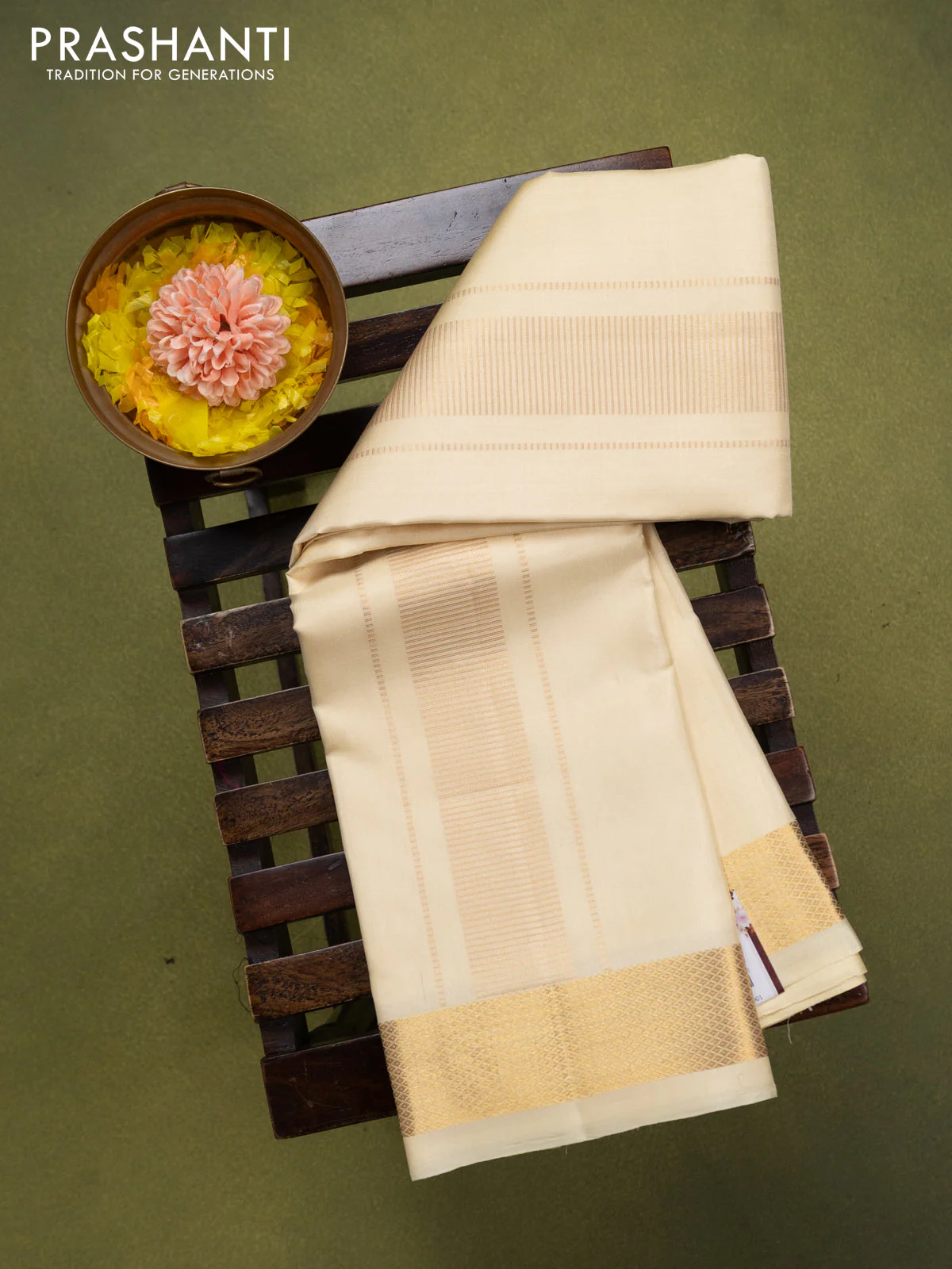9x5 Pure silk dhoti and matching shirt bit cream with zari woven border - Image 2