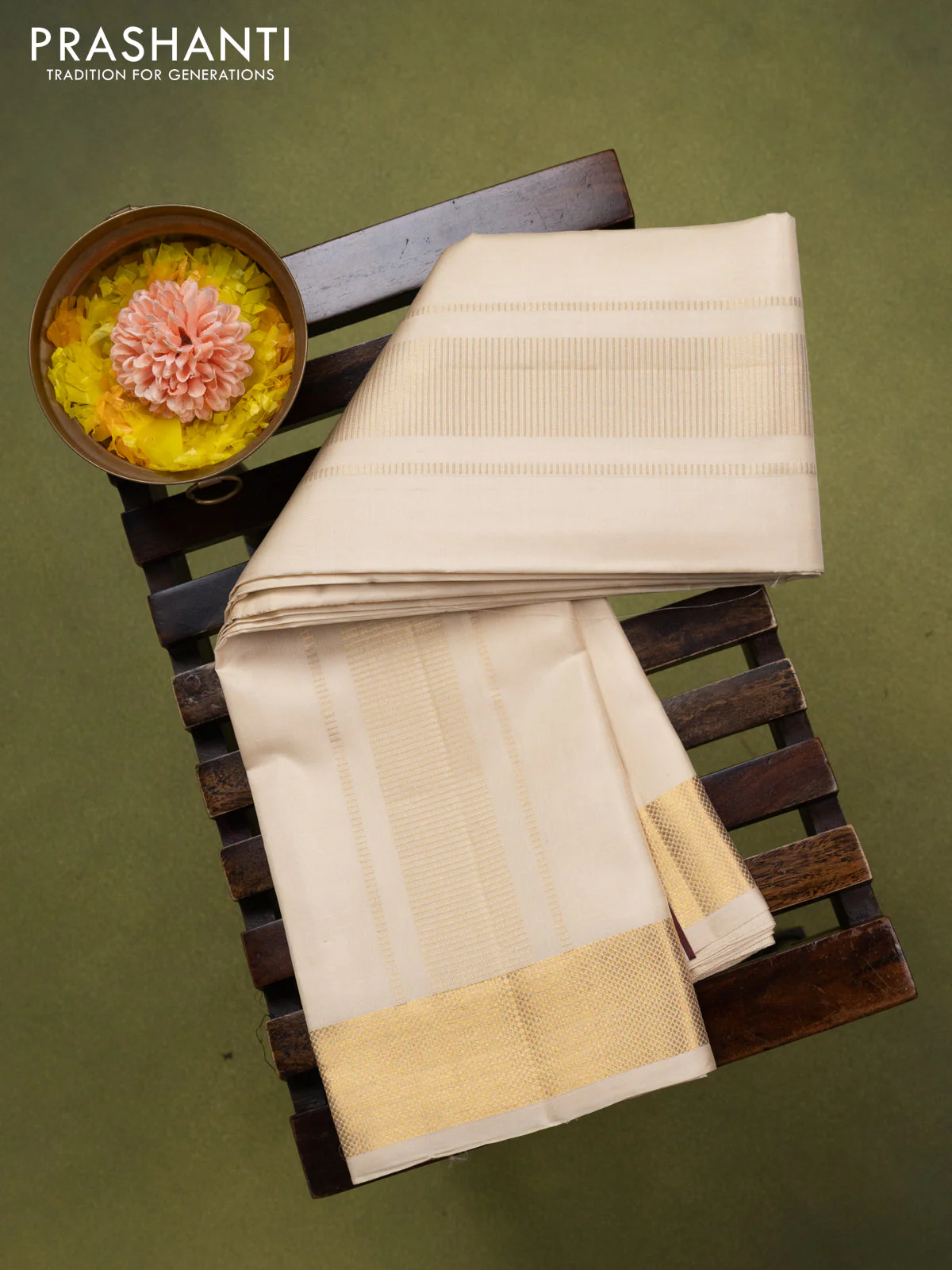 9x5 Pure silk dhoti and matching shirt bit cream with zari woven border - Image 2