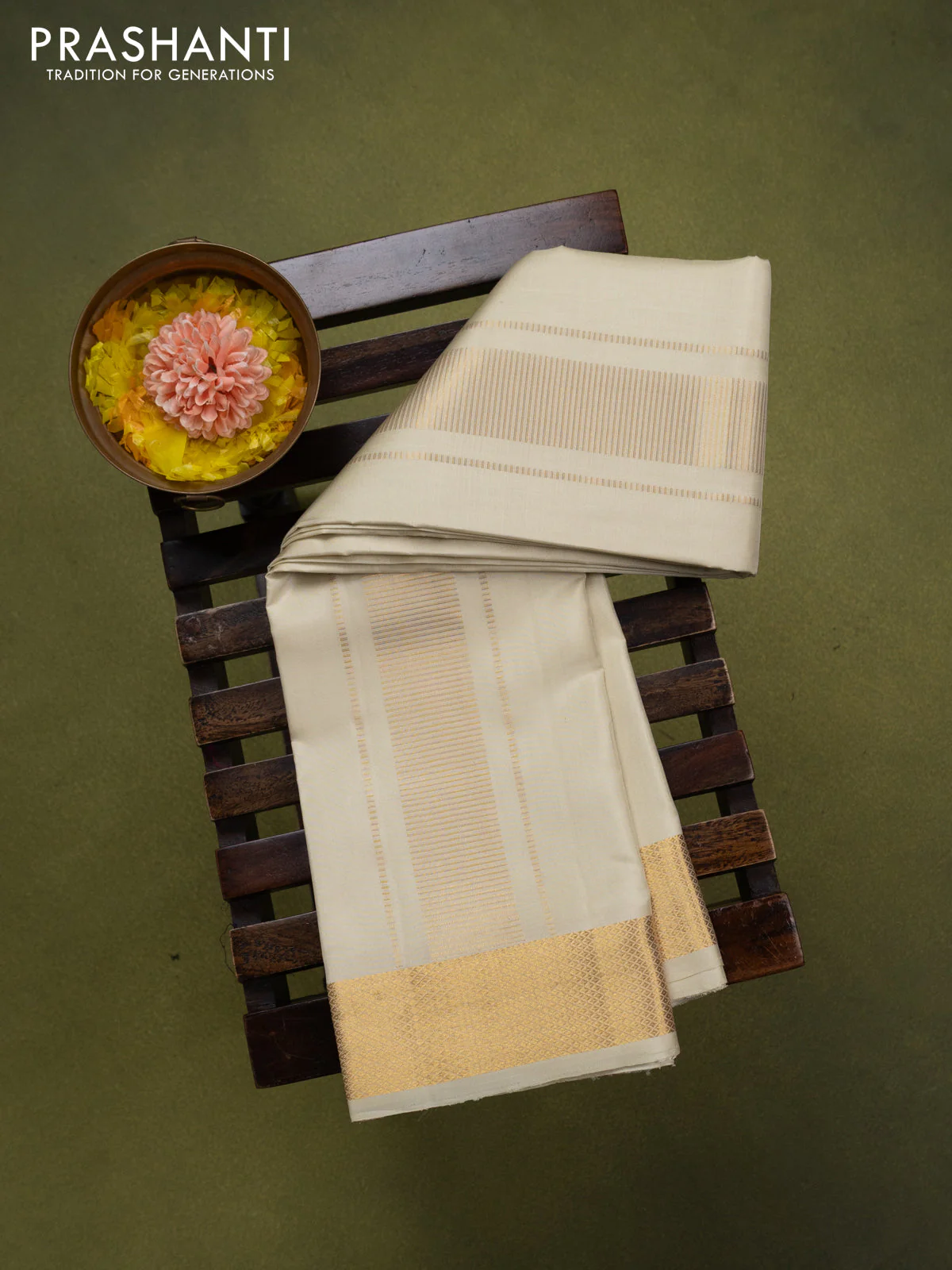 9x5 Pure silk dhoti and matching shirt bit cream with zari woven border - Image 2