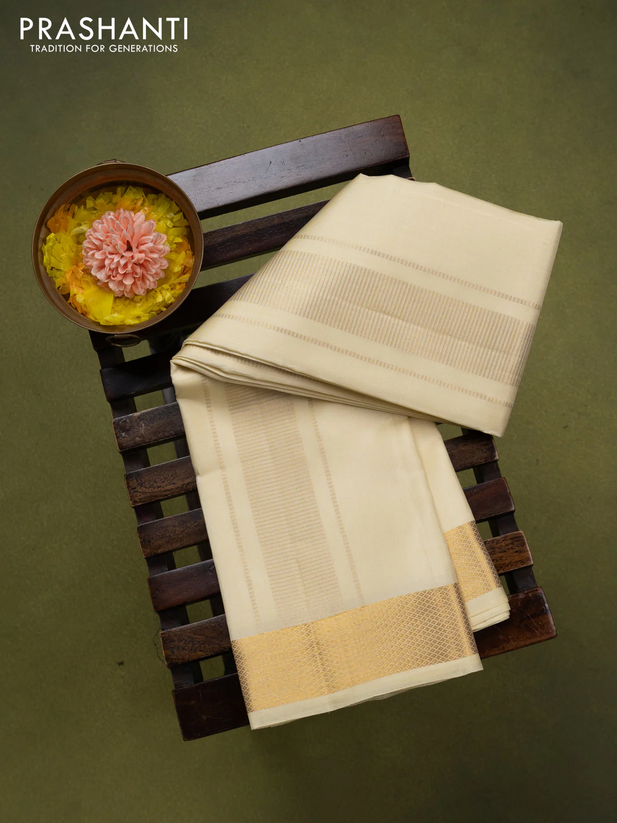 9x5 Pure silk dhoti and matching shirt bit cream with zari woven border - Image 2