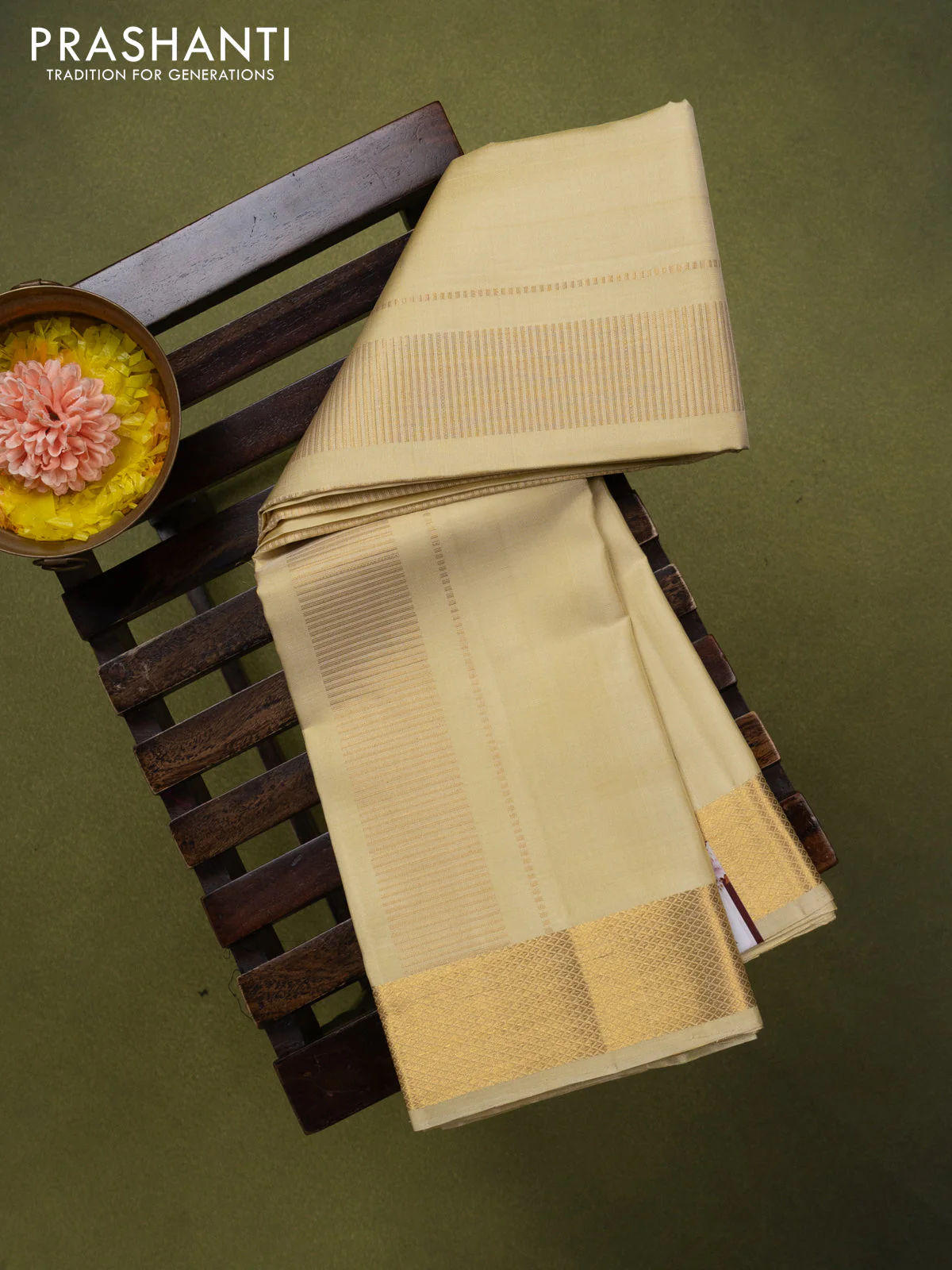 9x5 Pure silk dhoti and matching shirt bit gold with zari woven border - Image 2