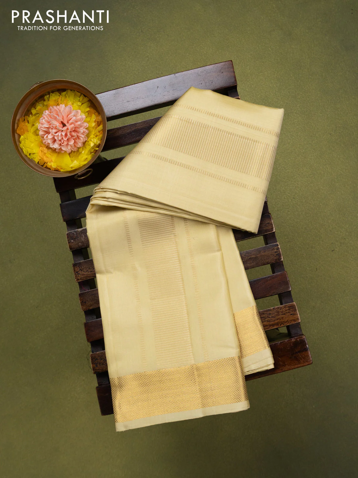 9x5 Pure silk dhoti and matching shirt bit gold with zari woven border - Image 2