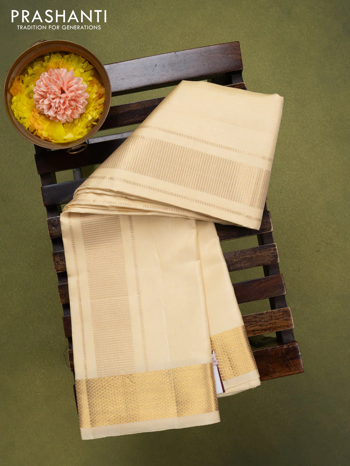 9x5 Pure silk dhoti and matching shirt bit gold with zari woven border - Image 2