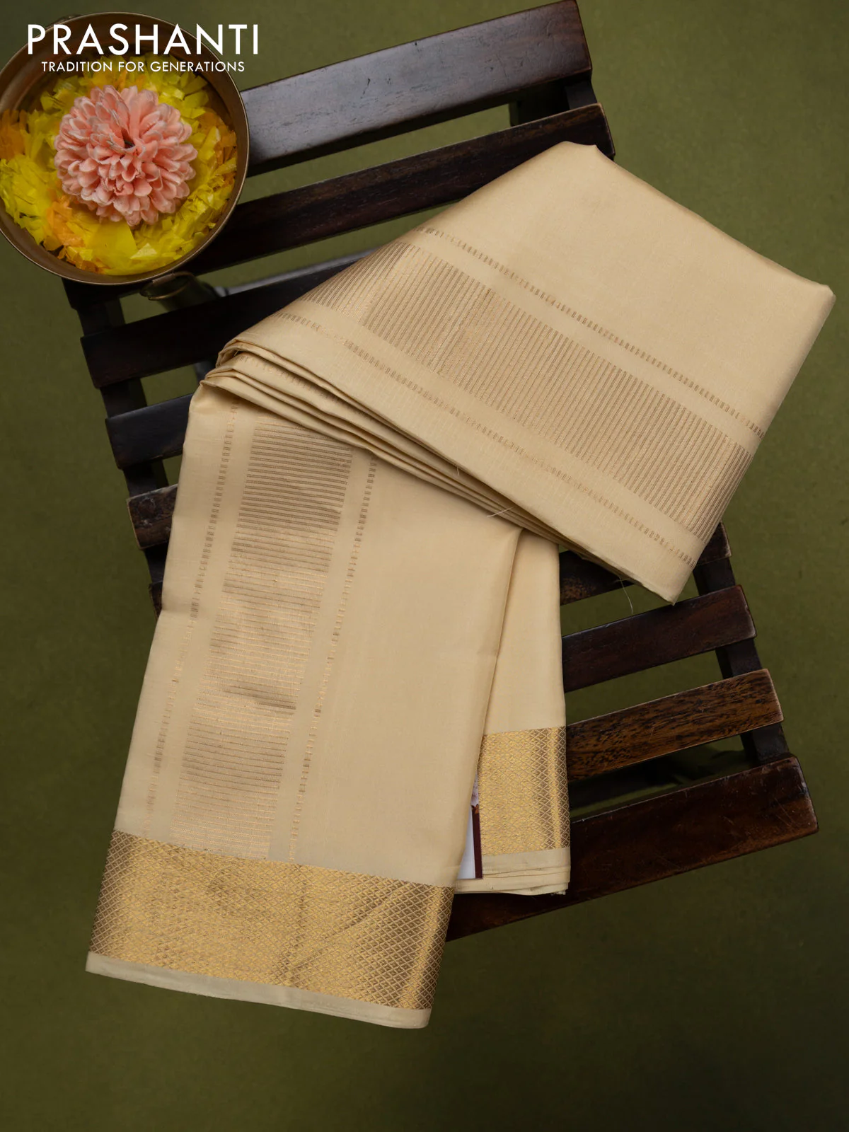 9x5 Pure silk dhoti and matching shirt bit gold with zari woven border - Image 2