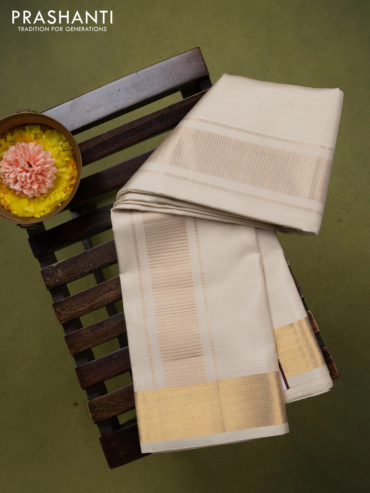 9x5 Pure silk dhoti and matching shirt bit off white with zari woven border - Image 2