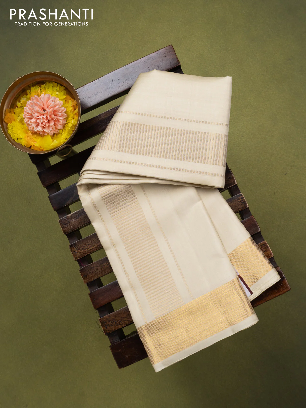 9x5 Pure silk dhoti and matching shirt bit off white with zari woven border - Image 2