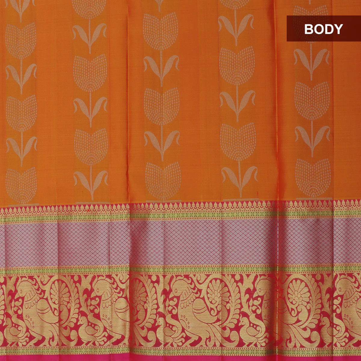 Pure silk half saree mango orange with allover silver zari floral buttas and contrast dark pink blouse & Dupatta - Image 2