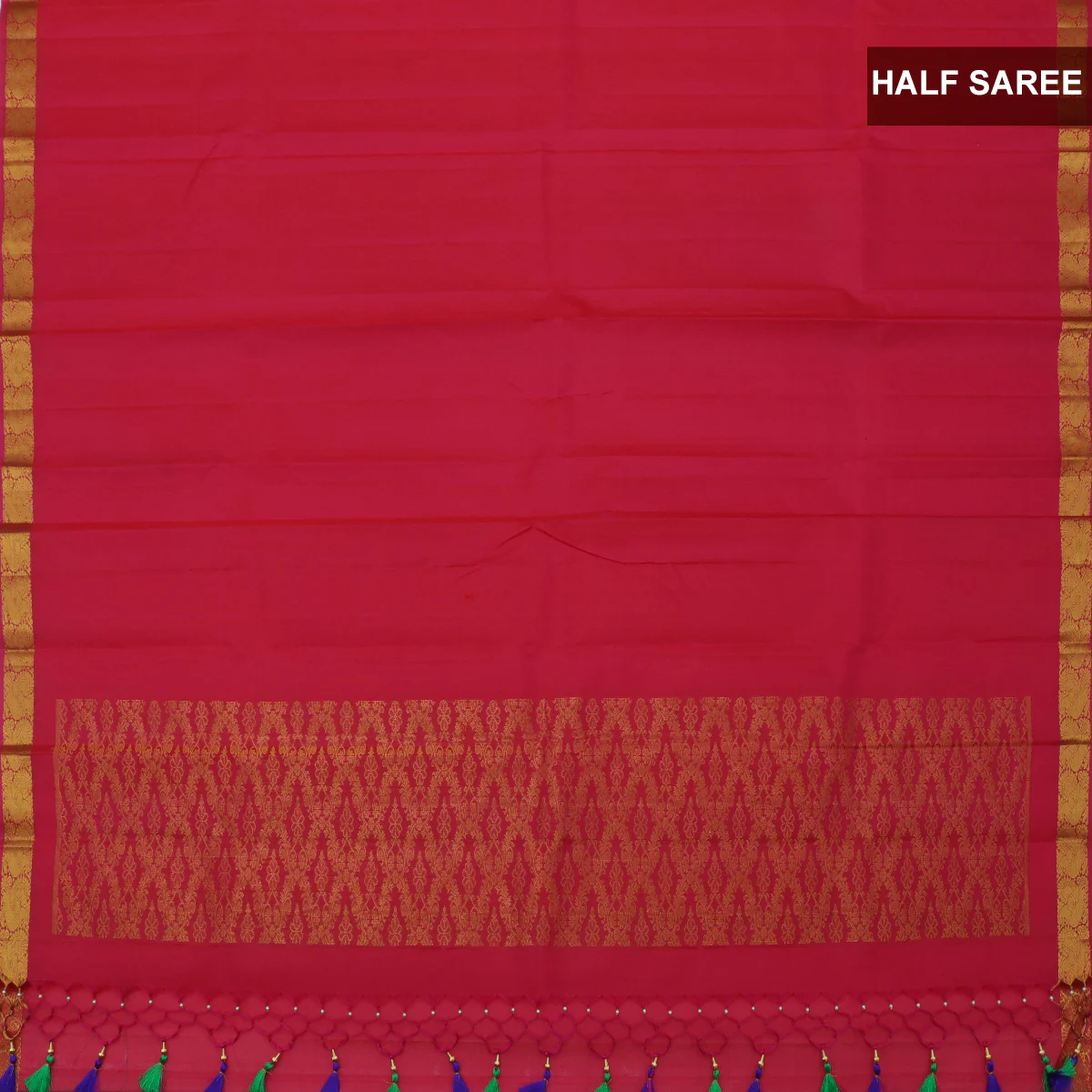 Pure silk half saree mango orange with allover silver zari floral buttas and contrast dark pink blouse & Dupatta - Image 3