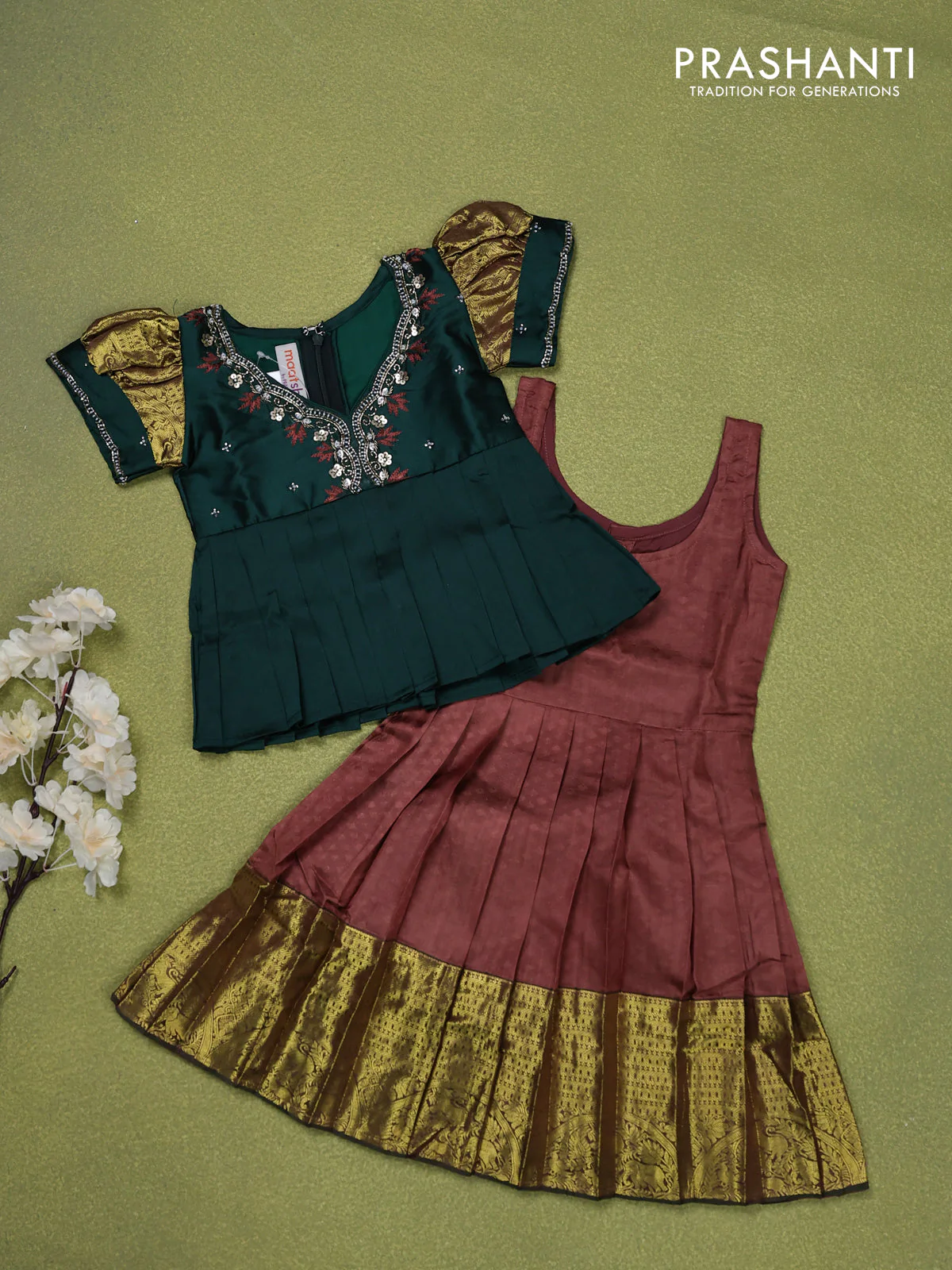 Pure silk kids lehenga bottle green and brown with embroidery beads work neck pattern & puff sleeve and zari woven border for 0-6 months - Image 2