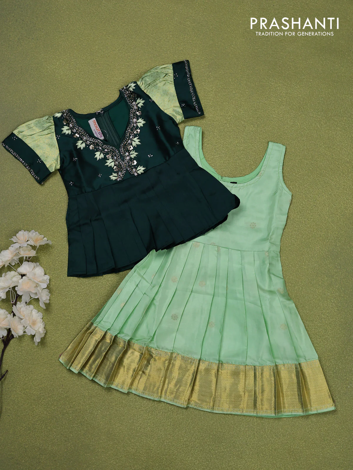 Pure silk kids lehenga bottle green and pastel green with embroidery beads work neck pattern & puff sleeve and zari woven border for 0-6 months - Image 2