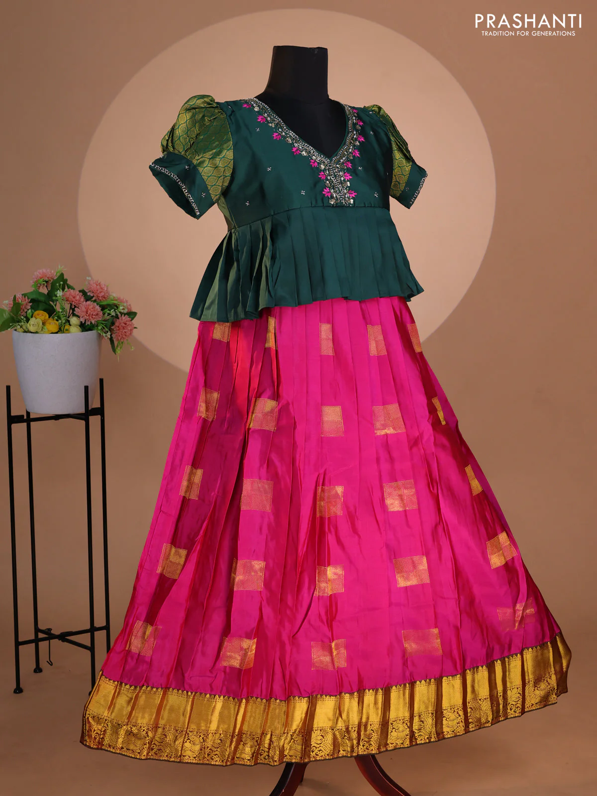 Pure silk kids lehenga dark green and dual shade of magenta pink with embroidery beads work neck pattern & puff sleeve and zari woven border for 12 years