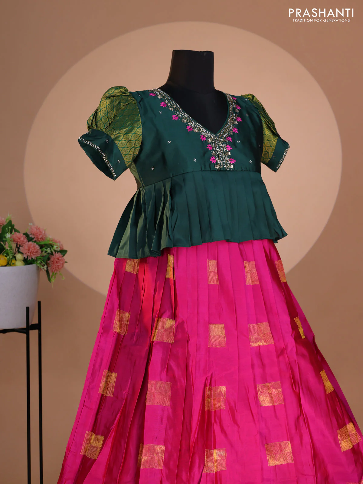 Pure silk kids lehenga dark green and dual shade of magenta pink with embroidery beads work neck pattern & puff sleeve and zari woven border for 12 years - Image 2