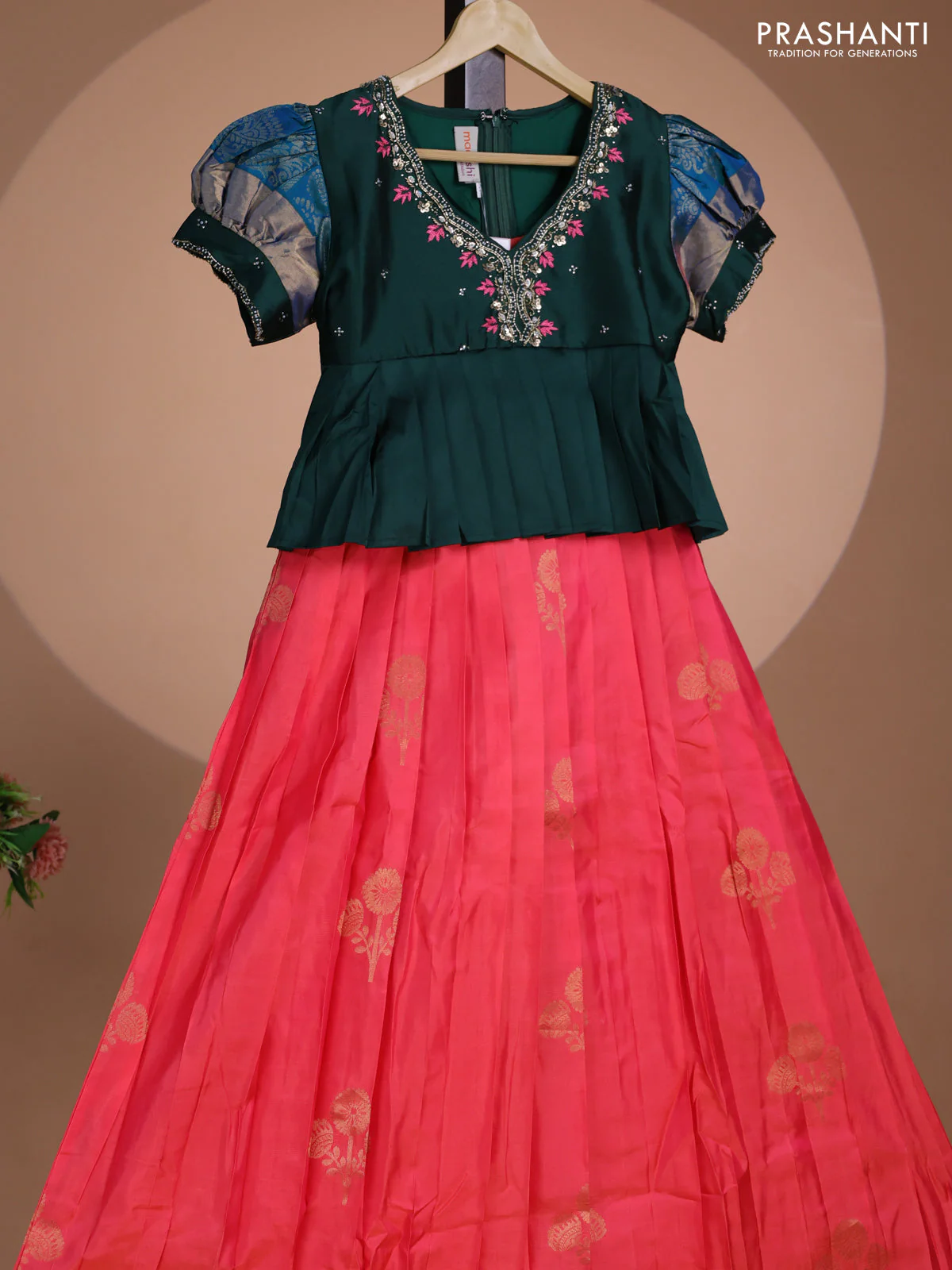 Pure silk kids lehenga dark green and peach pink with embroidery beads work neck pattern & puff sleeve and zari woven border for 11 years - Image 2