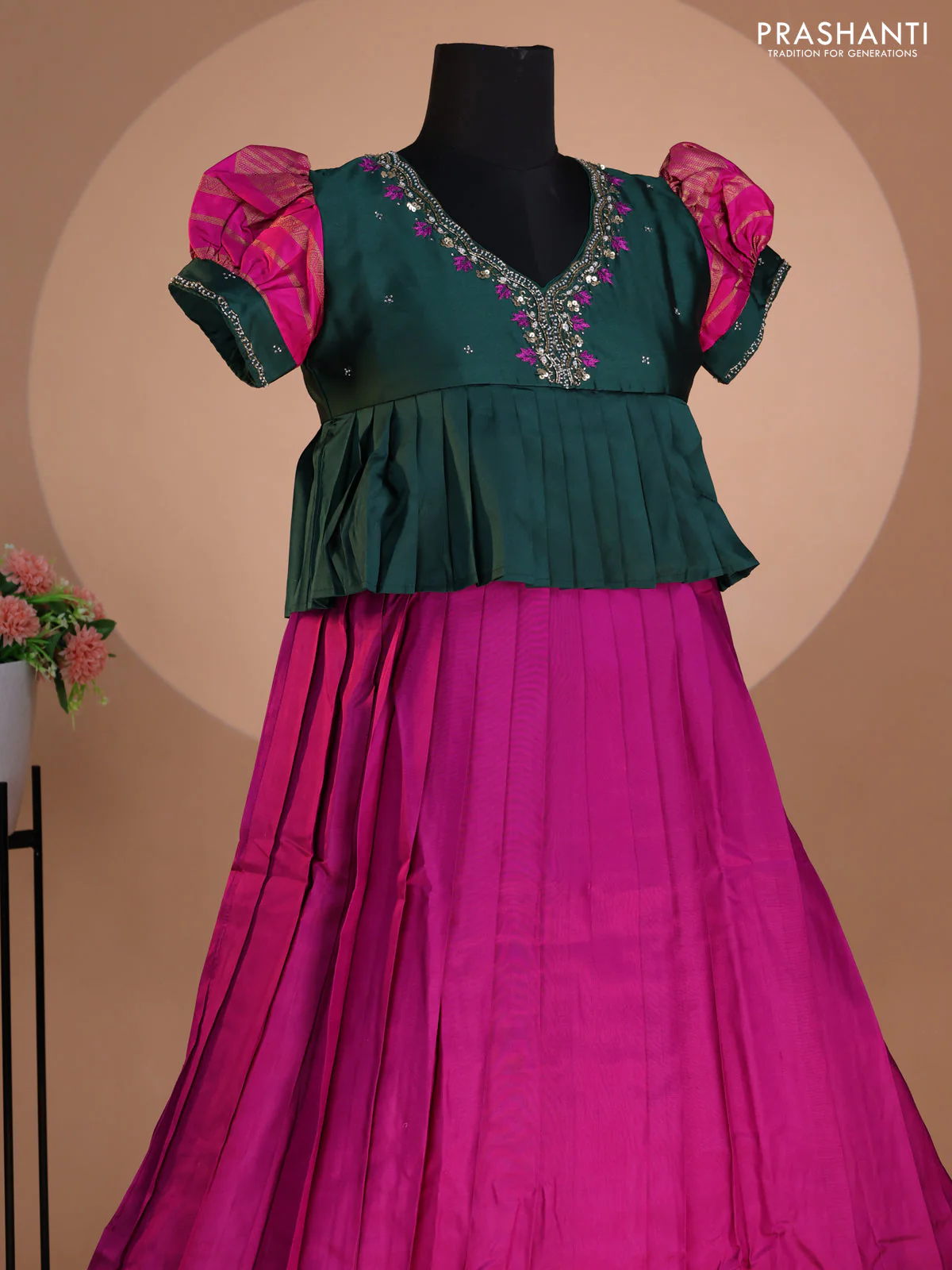 Pure silk kids lehenga dark green and purple with embroidery beads work neck pattern & puff sleeve and zari woven border for 12 years - Image 2