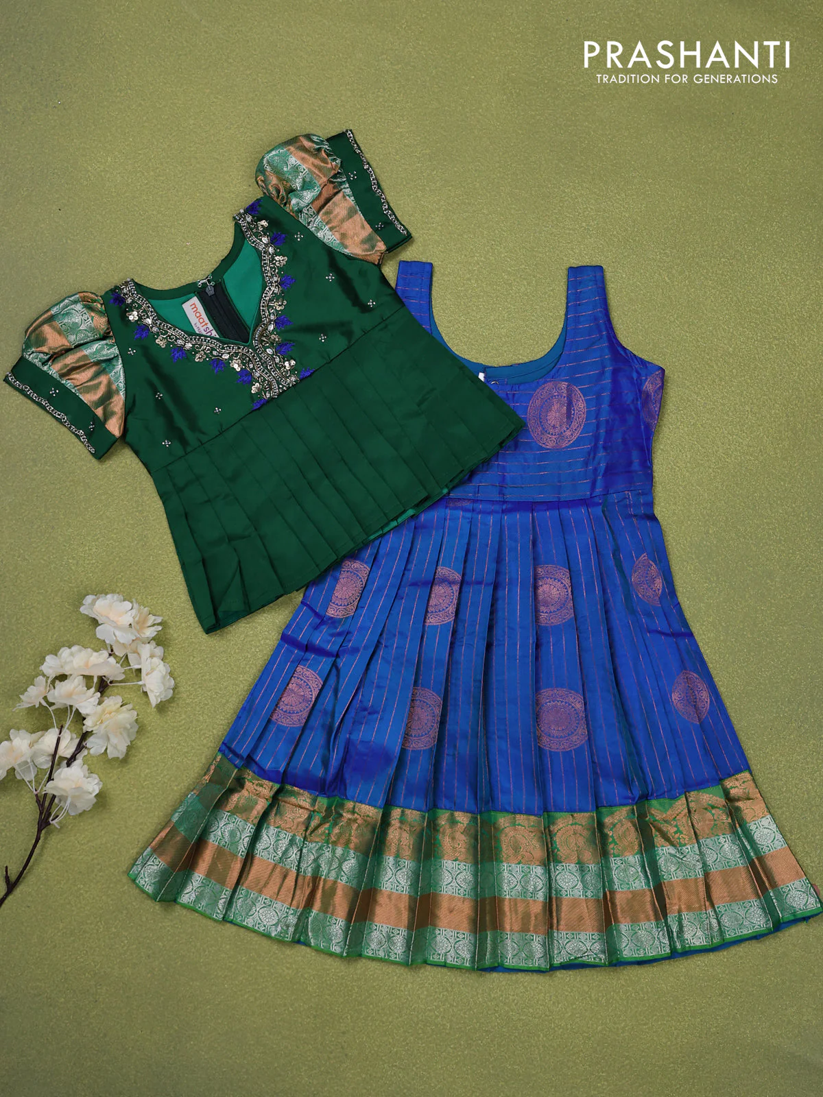 Pure silk kids lehenga green and dual shade of blue with beaded work neck pattern and puff sleeve & zari woven border for 2 years - Image 2