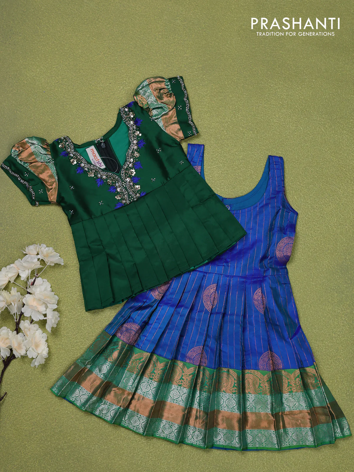Pure silk kids lehenga green and dual shade of blue with embroidery beads work neck pattern & puff sleeve and zari woven border for 0-6 months - Image 2