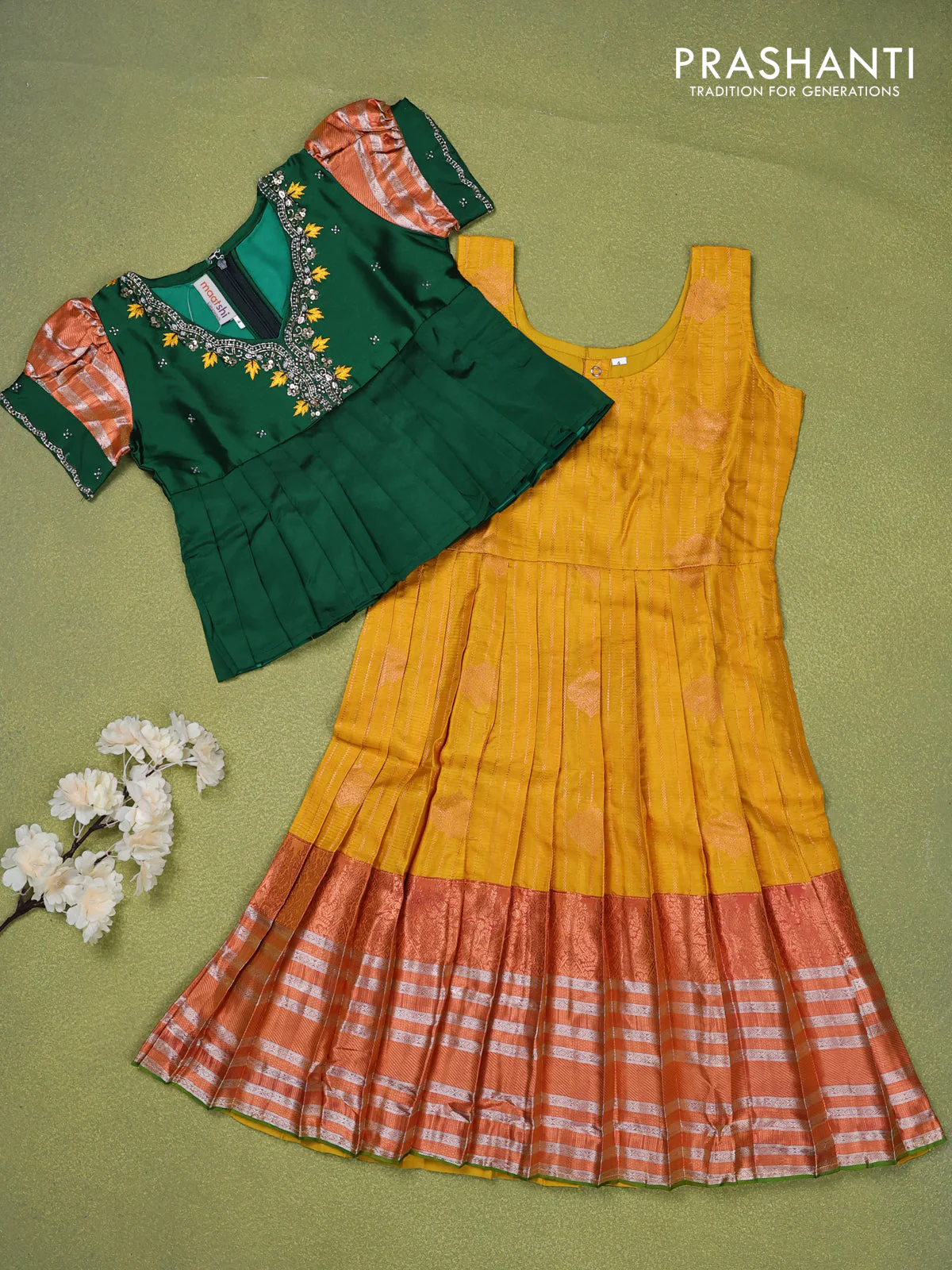 Pure silk kids lehenga green and mustard shade with beaded work neck pattern pattern and puff sleeve & zari woven border for 4 years - Image 2