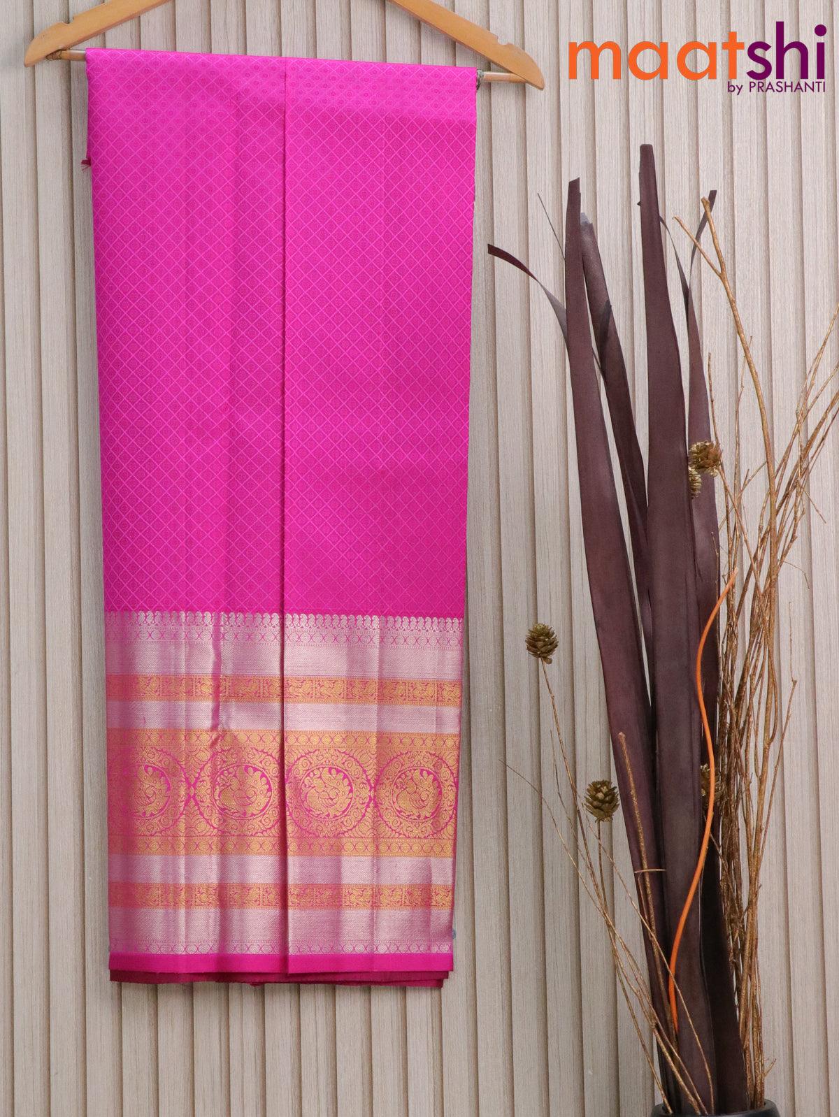 Pure silk kids lehenga green and pink with allover annam silver zari butta weaves and long rich annam zari woven border - for 6 to 10 years - Image 2