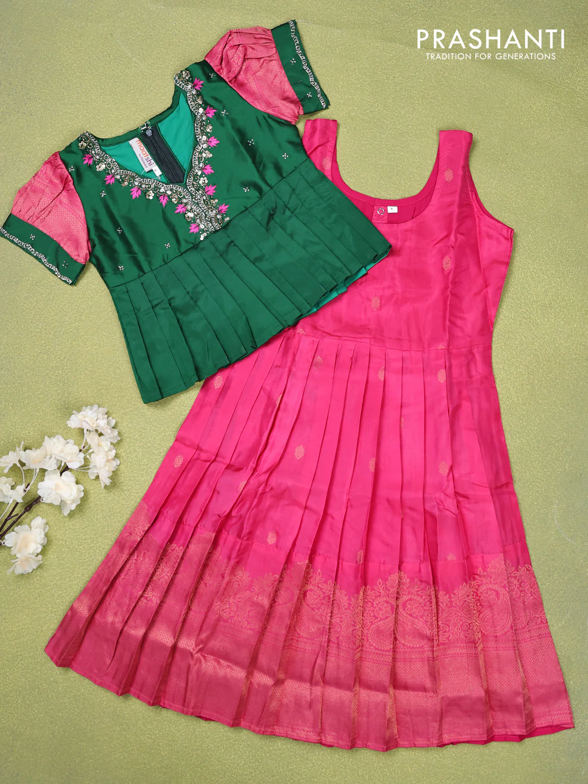Pure silk kids lehenga green and pink with beaded work neck pattern pattern and puff sleeve & zari woven border for 4 years - Image 2