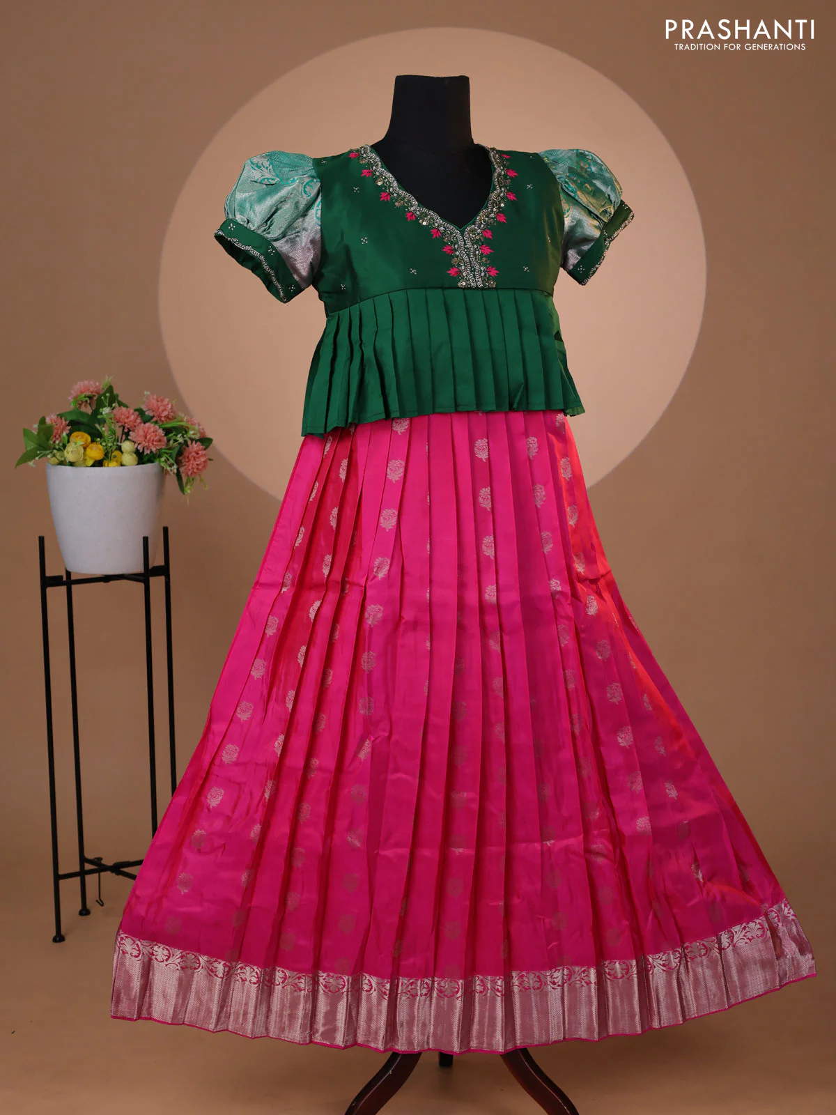 Pure silk kids lehenga green and pink with embroidery beads work neck pattern & puff sleeve and silver zari woven border for 12 years