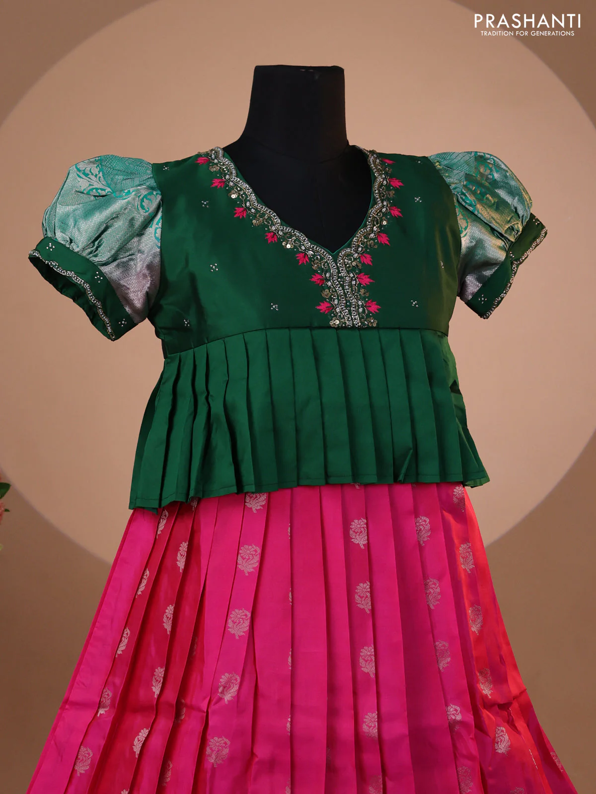 Pure silk kids lehenga green and pink with embroidery beads work neck pattern & puff sleeve and silver zari woven border for 12 years - Image 2