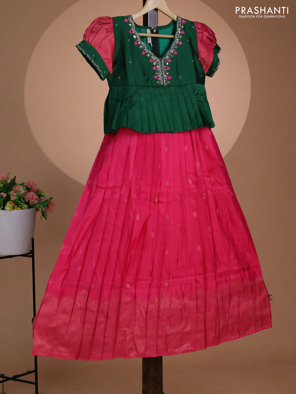Pure silk kids lehenga green and pink with embroidery beads work neck pattern & puff sleeve and zari woven border for 11 years