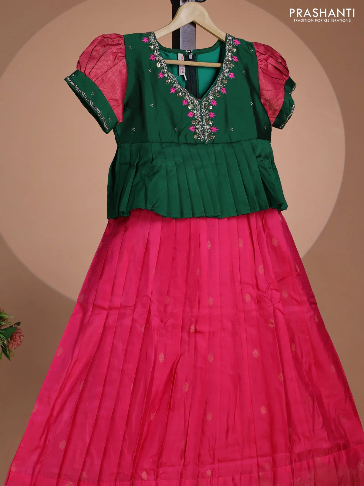 Pure silk kids lehenga green and pink with embroidery beads work neck pattern & puff sleeve and zari woven border for 11 years - Image 2