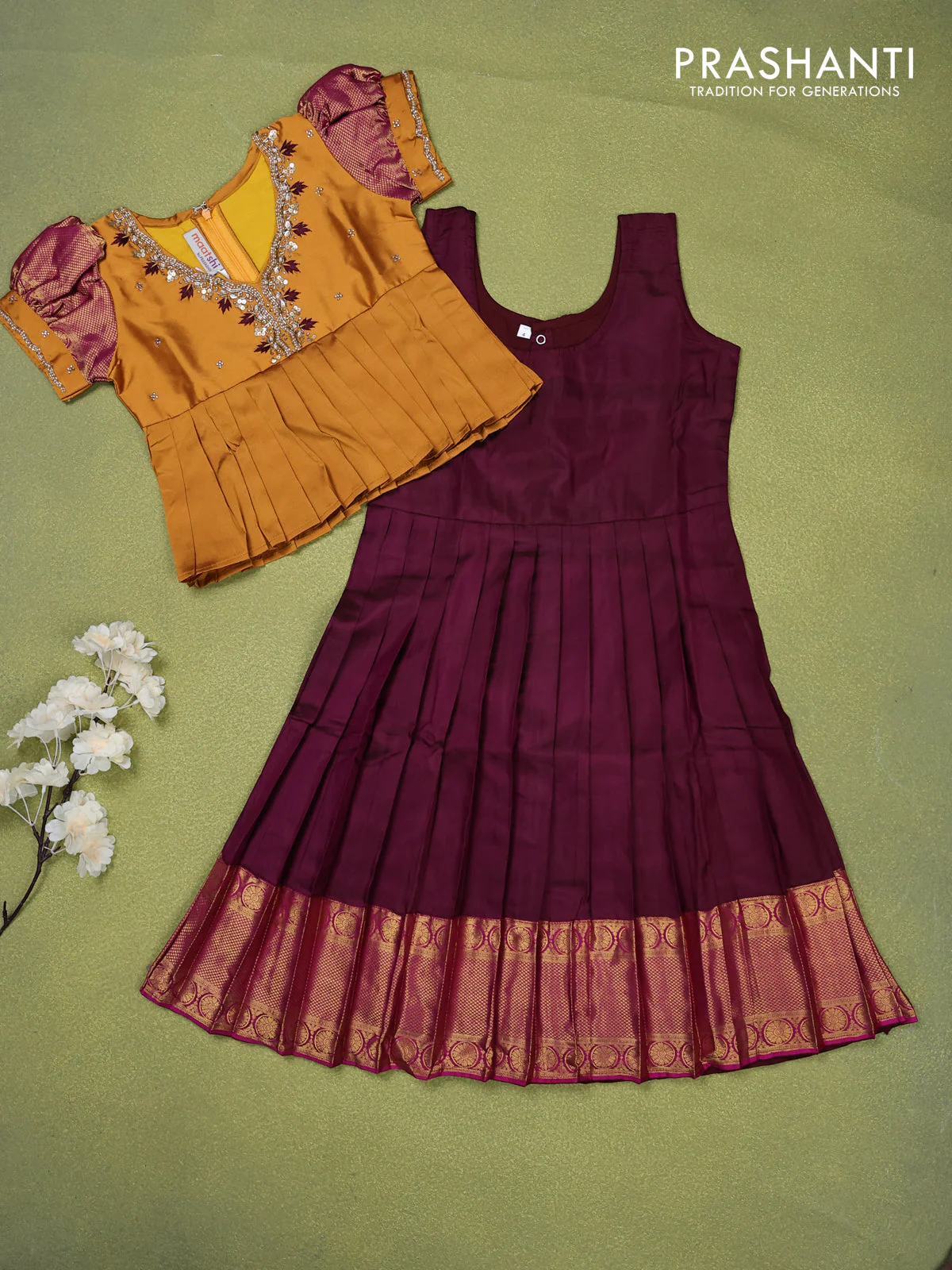 Pure silk kids lehenga mustard yellow and maroon with beaded work neck pattern pattern and puff sleeve & zari woven border for 4 years - Image 2
